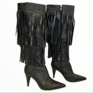 Fantasy collection black high heel fringe boots